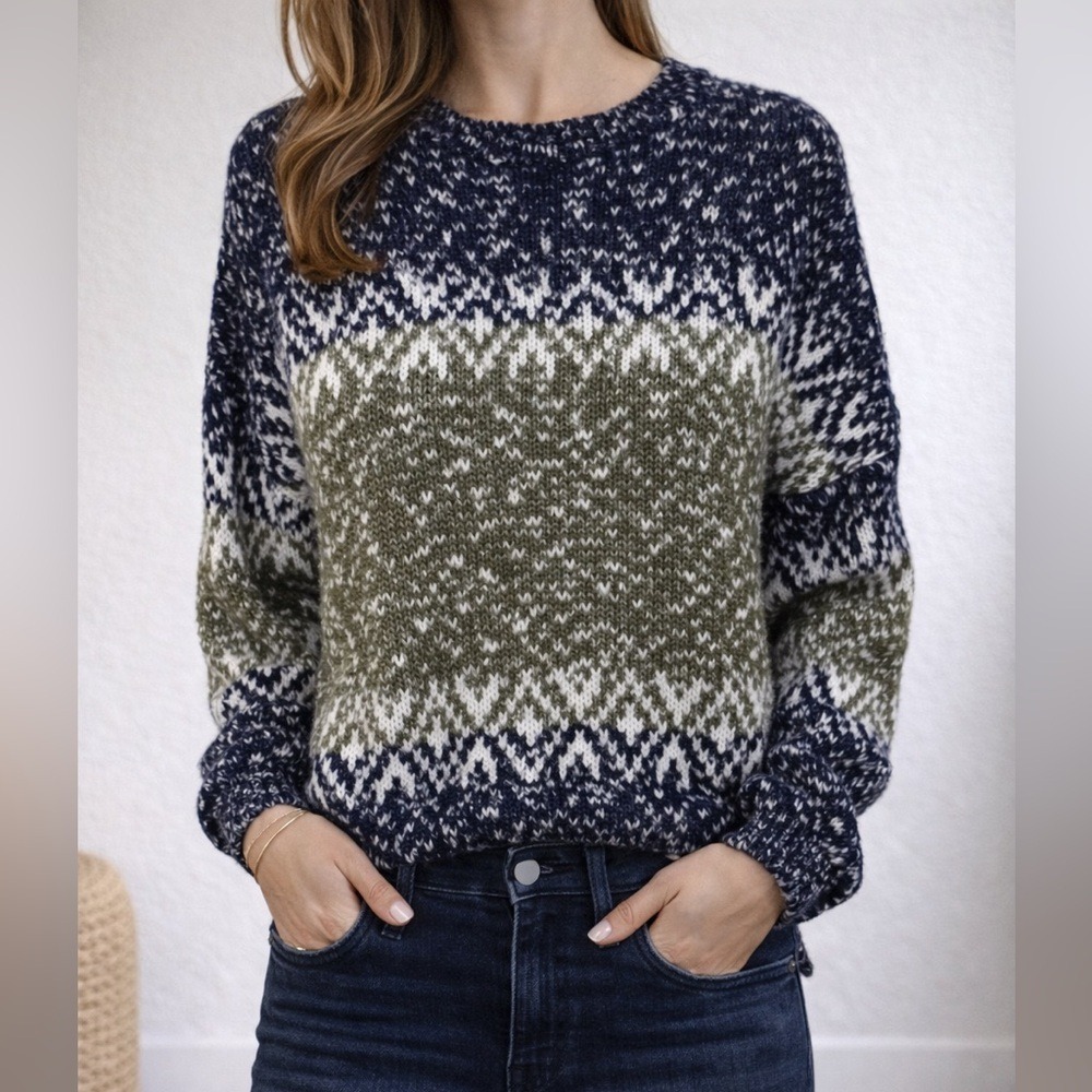 Claiborne Women XL Navy Olive Green Fair Isle Cotton Blend Crewneck Sweater